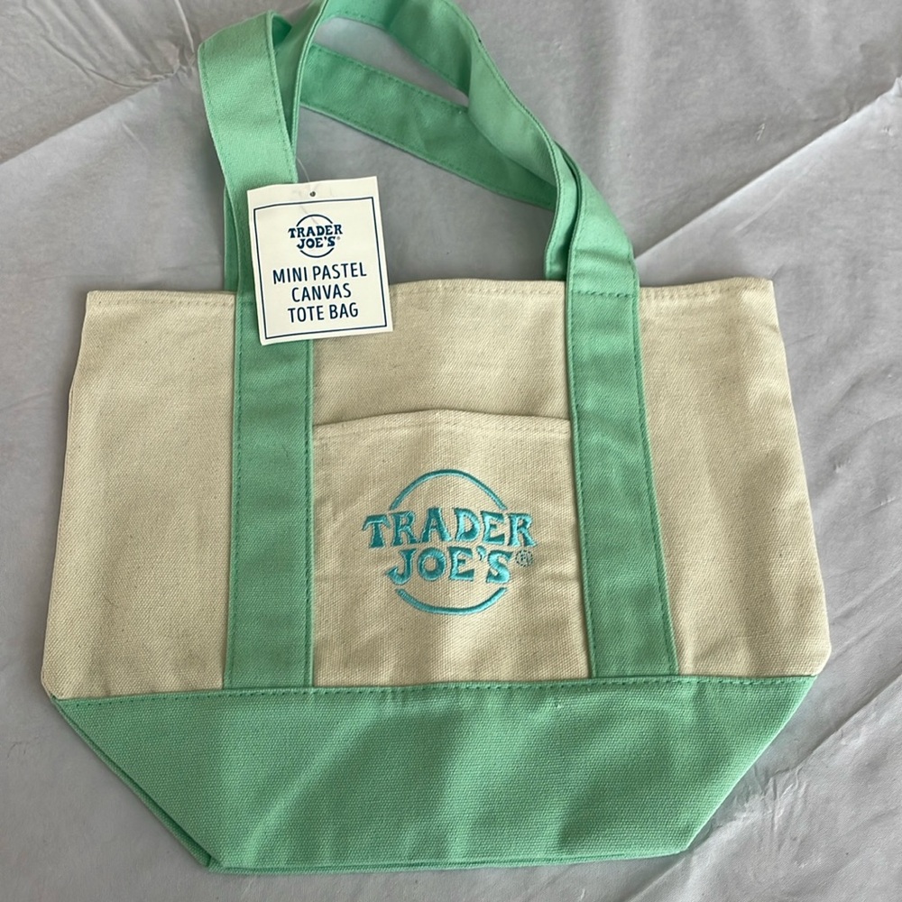 Trader Joe's Mint and Cream Canvas MINI Tote Bag NWT